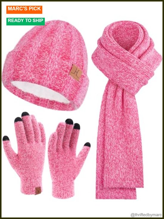 Winter Beanie Hat Scarf Touchscreen Gloves Set - Acrylic & Polyester, Thermal